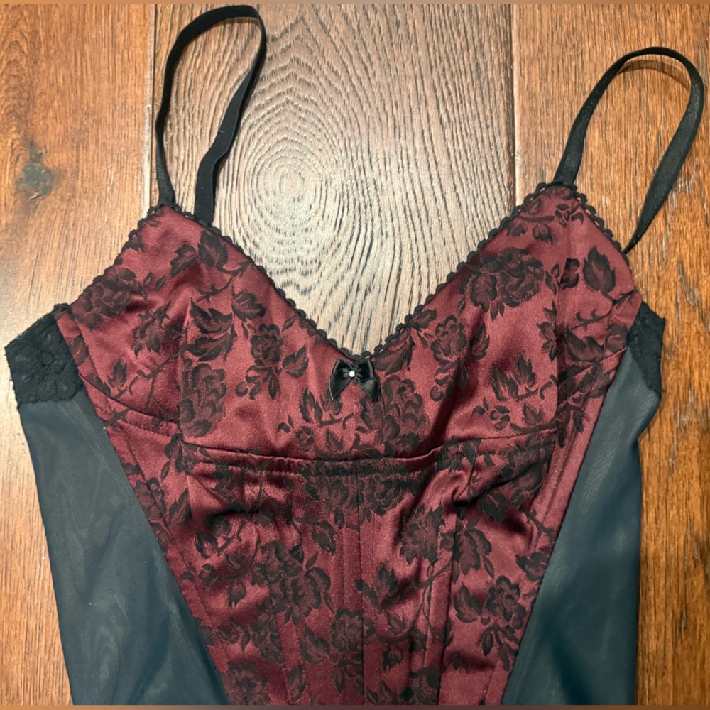 LE CHATEAU VINTAGE WOMEN’S FLORAL SATIN CORSET TOP, SIZE SMALL, BLACK - Picture 2 of 13